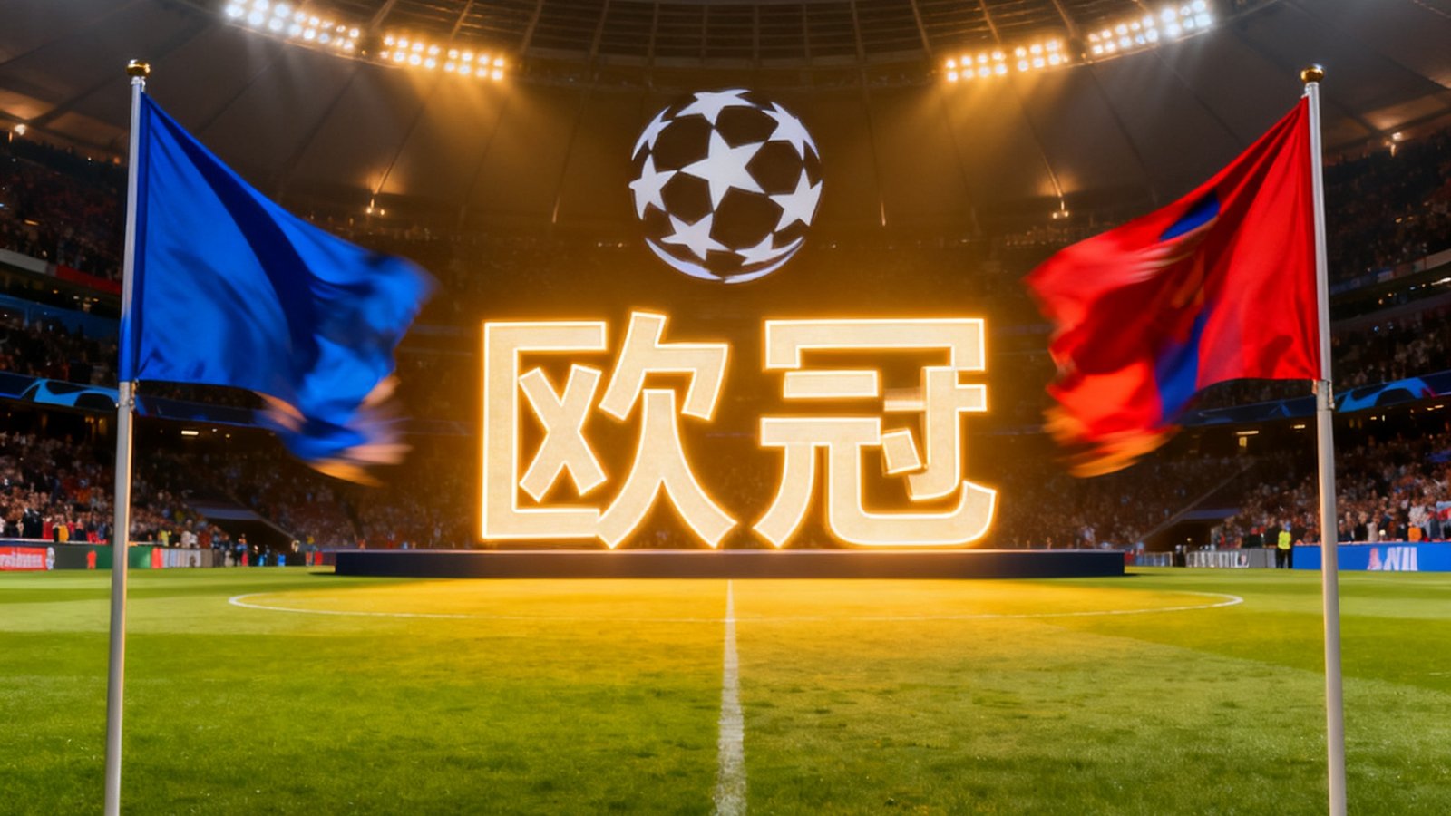 欧冠决赛赛前预热直播画面，球场中央巨大的欧冠标志在灯光下闪耀，两队队旗迎风飘扬